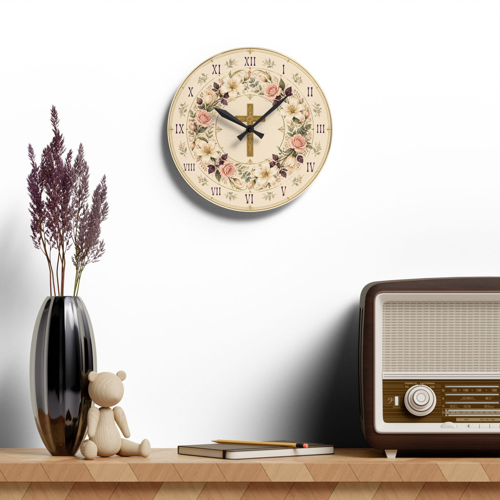 Floral Cross Acrylic Wall Clock — Best for Gifts