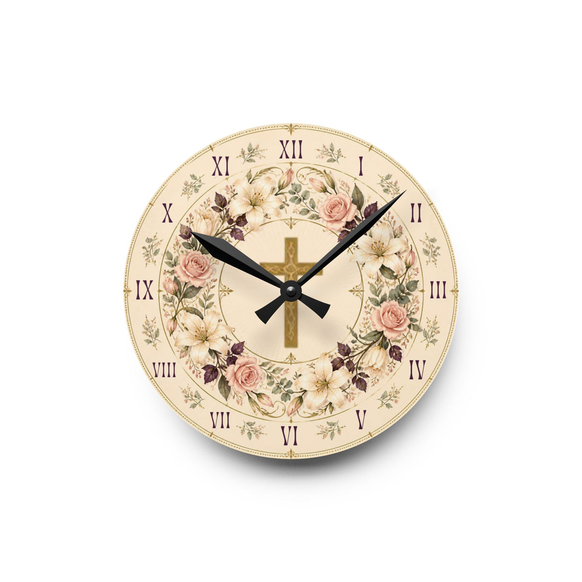 Floral Cross Acrylic Wall Clock — Best for Gifts