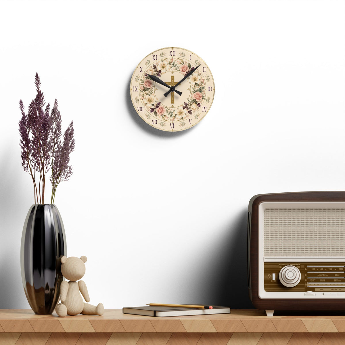 Floral Cross Acrylic Wall Clock — Best for Gifts