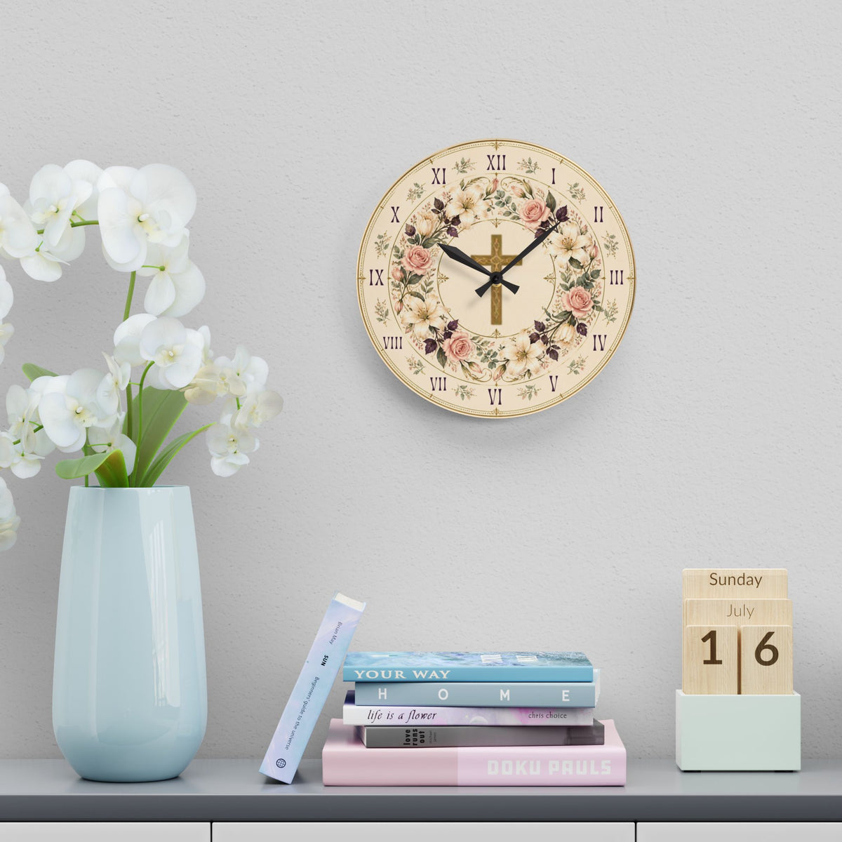 Floral Cross Acrylic Wall Clock — Best for Gifts