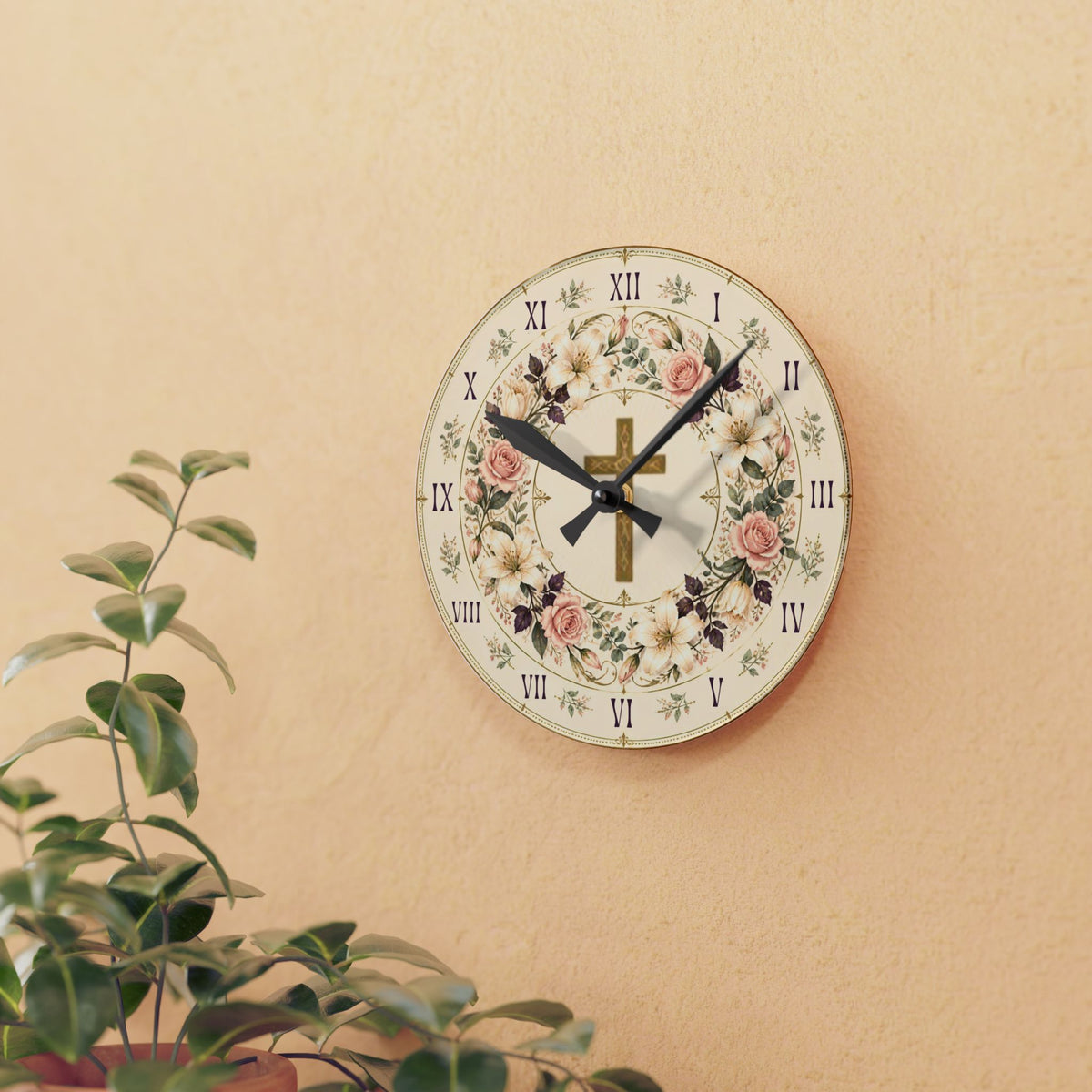 Floral Cross Acrylic Wall Clock — Best for Gifts