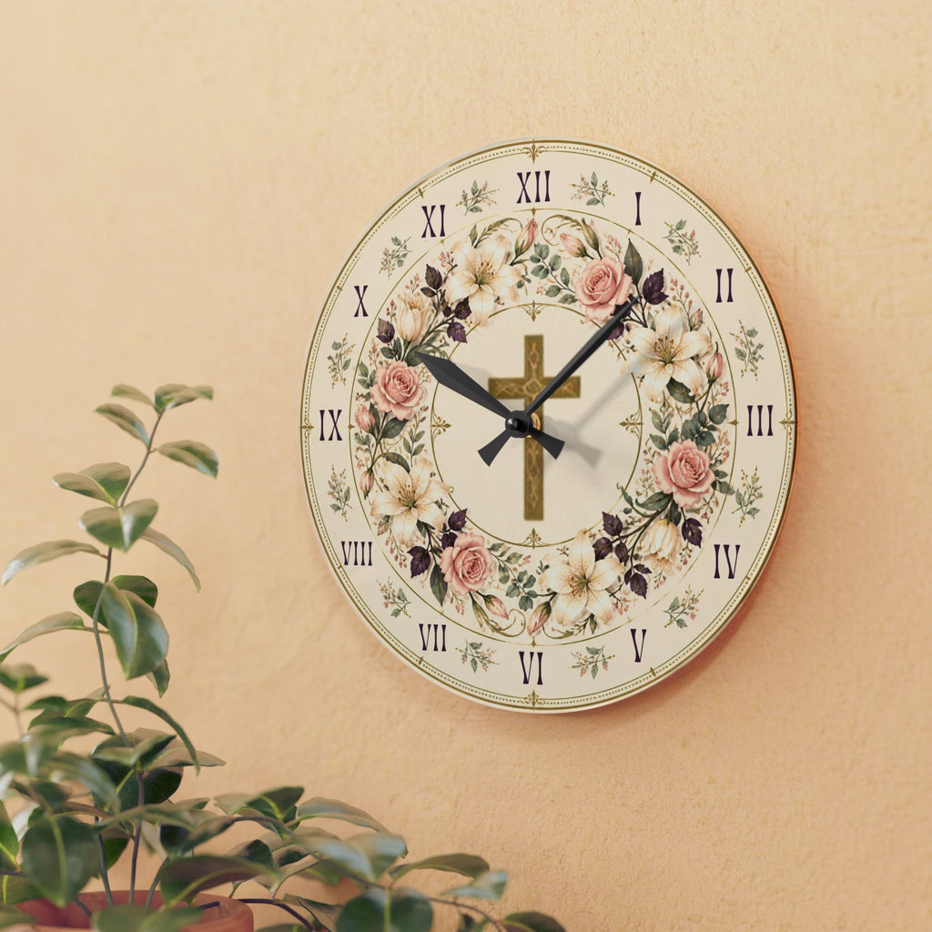 Floral Cross Acrylic Wall Clock — Best for Gifts
