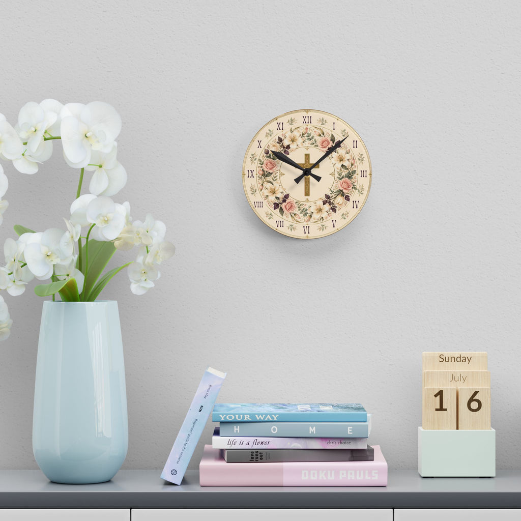 Floral Cross Acrylic Wall Clock — Best for Gifts