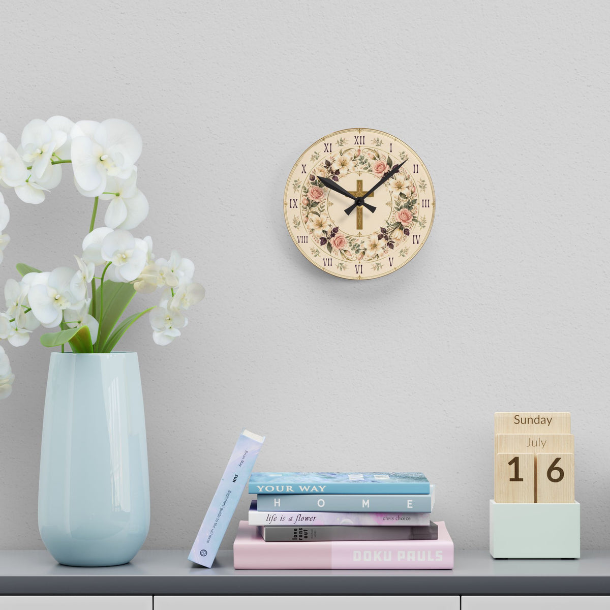 Floral Cross Acrylic Wall Clock — Best for Gifts